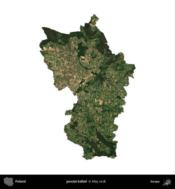 powiat kaliski. Polonya 'nın idari bölgesi, Mayıs 2018' de çekilen Kopernik Nöbetçi Fayanslarından oluşan bir uydu görüntüsü üzerinde beyaza izole edildi.