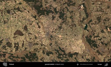 powiat kaliski. Copernicus Sentinel 'in Mart 2022' de çekilmiş uydu görüntüsü üzerine Polonya 'nın idari bölgesi.