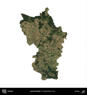 powiat kaliski. Polonya idari bölgesi, Eylül 2024 'te çekilen Kopernik Nöbetçi karolarından oluşan bir uydu görüntüsü üzerinde beyaza izole edildi.