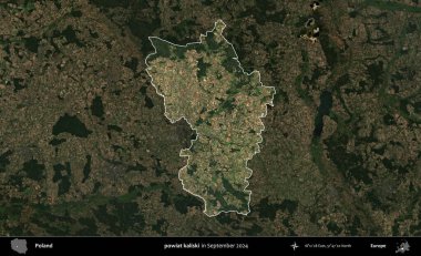 powiat kaliski. Polonya 'nın idari alanı, Eylül 2024' te çekilen Kopernik Nöbetçi karolarından oluşan koyu renkli bir uydu görüntüsü üzerine vurgulandı ve özetlendi