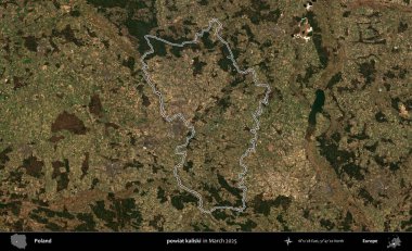 powiat kaliski. Polonya 'nın idari bölgesinin ana hatları, Mart 2025' te çekilen Kopernik Nöbetçi karolarından oluşan bir uydu görüntüsü üzerine çizildi.