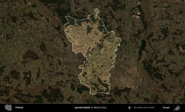 powiat kaliski. Polonya 'nın idari alanı, Mart 2025' te çekilen Kopernik Nöbetçi karolarından oluşan koyu renkli bir uydu görüntüsü üzerine vurgulandı ve özetlendi