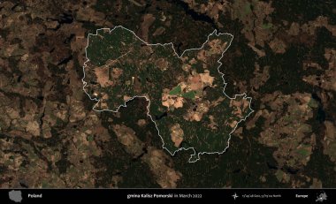 gmina Kalisz Pomorski. Polonya 'nın idari alanı, Mart 2022' de çekilen Kopernik Nöbetçi karolarından oluşan koyu renkli bir uydu görüntüsü üzerine vurgulandı ve özetlendi.