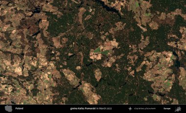 gmina Kalisz Pomorski. Copernicus Sentinel 'in Mart 2022' de çekilmiş uydu görüntüsü üzerine Polonya 'nın idari bölgesi.
