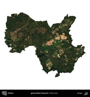 gmina Kalisz Pomorski. Polonya 'nın idari bölgesi, Mayıs 2023' te çekilen Kopernik Nöbetçi Fayanslarından oluşan bir uydu görüntüsüyle beyaza izole edildi.