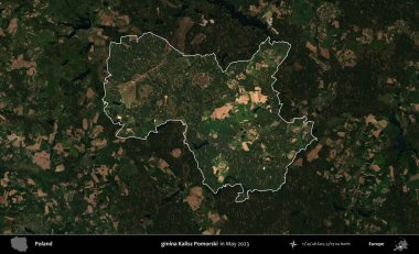 gmina Kalisz Pomorski. Polonya 'nın idari alanı, Mayıs 2023' te çekilen Kopernik Nöbetçi karolarından oluşan koyu renkli bir uydu görüntüsü üzerinde vurgulandı ve özetlendi.