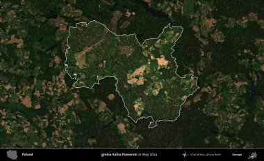 gmina Kalisz Pomorski. Polonya 'nın idari alanı, Mayıs 2024' te çekilen Kopernik Nöbetçi karolarından oluşan koyu renkli bir uydu görüntüsü üzerinde vurgulandı ve özetlendi.