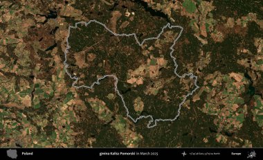 gmina Kalisz Pomorski. Polonya 'nın idari bölgesinin ana hatları, Mart 2025' te çekilen Kopernik Nöbetçi karolarından oluşan bir uydu görüntüsü üzerine çizildi.