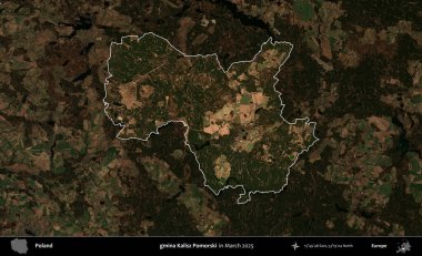 gmina Kalisz Pomorski. Polonya 'nın idari alanı, Mart 2025' te çekilen Kopernik Nöbetçi karolarından oluşan koyu renkli bir uydu görüntüsü üzerine vurgulandı ve özetlendi