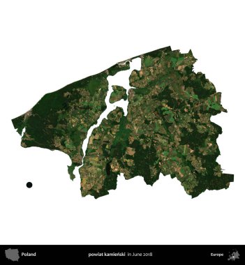 powiat kamienski. Polonya idari bölgesi, Haziran 2018 'de çekilen Kopernik Nöbetçi karolarından oluşan bir uydu görüntüsü üzerinde beyaza izole edildi.