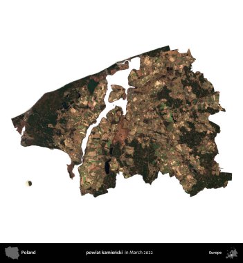 powiat kamienski. Polonya idari bölgesi, Mart 2022 'de çekilen Kopernik Nöbetçi karolarından oluşan bir uydu görüntüsü üzerinde beyaza izole edildi.