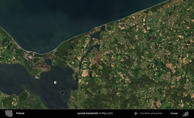 powiat kamienski. Copernicus Sentinel 'in Mayıs 2023' te çekilmiş uydu görüntüsü üzerine Polonya 'nın idari bölgesi.