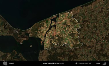powiat kamienski. Polonya 'nın idari alanı, Mart 2025' te çekilen Kopernik Nöbetçi karolarından oluşan koyu renkli bir uydu görüntüsü üzerine vurgulandı ve özetlendi