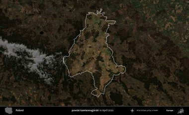 powiat kamiennogorski. Polonya 'nın idari alanı, Nisan 2020' de çekilen Kopernik Nöbetçi karolarından oluşan koyu renkli bir uydu görüntüsü üzerine vurgulandı ve özetlendi