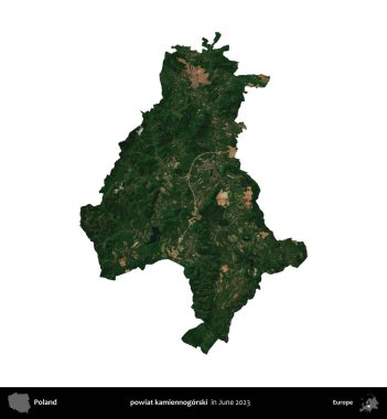 powiat kamiennogorski. Polonya idari bölgesi, Haziran 2023 'te çekilen Kopernik Nöbetçi karolarından oluşan bir uydu görüntüsü üzerinde beyaza izole edildi.