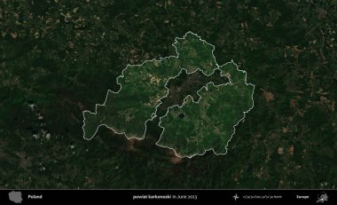 powiat karkonoski. Polonya 'nın idari alanı, Haziran 2023' te çekilen Kopernik Nöbetçi karolarından oluşan koyu renkli bir uydu görüntüsü üzerine vurgulandı ve özetlendi.