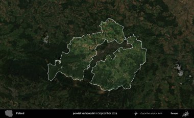 powiat karkonoski. Polonya 'nın idari alanı, Eylül 2024' te çekilen Kopernik Nöbetçi karolarından oluşan koyu renkli bir uydu görüntüsü üzerine vurgulandı ve özetlendi