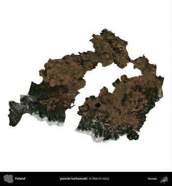 powiat karkonoski. Polonya idari bölgesi, Mart 2025 'te çekilen Kopernik Nöbetçi karolarından oluşan bir uydu görüntüsü üzerinde beyaza izole edildi.