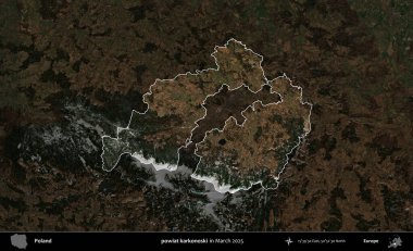 powiat karkonoski. Polonya 'nın idari alanı, Mart 2025' te çekilen Kopernik Nöbetçi karolarından oluşan koyu renkli bir uydu görüntüsü üzerine vurgulandı ve özetlendi