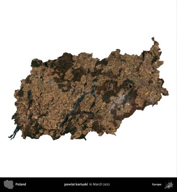 Powiat Karuski. Polonya idari bölgesi, Mart 2022 'de çekilen Kopernik Nöbetçi karolarından oluşan bir uydu görüntüsü üzerinde beyaza izole edildi.
