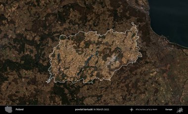 Powiat Karuski. Polonya 'nın idari alanı, Mart 2022' de çekilen Kopernik Nöbetçi karolarından oluşan koyu renkli bir uydu görüntüsü üzerine vurgulandı ve özetlendi.
