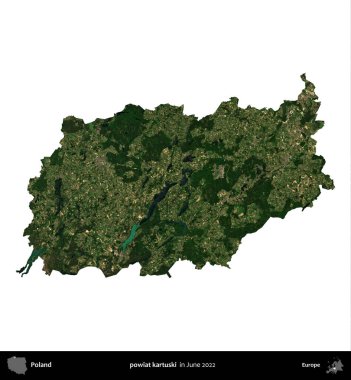 Powiat Karuski. Polonya idari bölgesi, Haziran 2022 'de çekilen Kopernik Nöbetçi karolarından oluşan bir uydu görüntüsü üzerinde beyaza izole edildi.