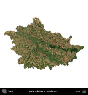 powiat kazimierski. Polonya idari bölgesi, Eylül 2019 'da çekilen Kopernik Nöbetçi karolarından oluşan bir uydu görüntüsü üzerinde beyaza izole edildi.
