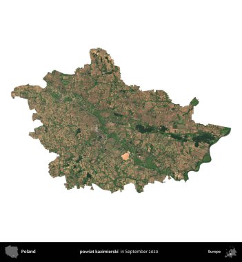 powiat kazimierski. Polonya idari bölgesi, Eylül 2020 'de çekilen Kopernik Nöbetçi karolarından oluşan bir uydu görüntüsü üzerinde beyaza izole edildi.