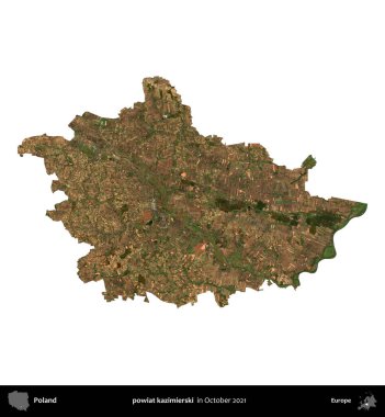powiat kazimierski. Polonya idari bölgesi, Ekim 2021 'de çekilen Kopernik Nöbetçi karolarından oluşan bir uydu görüntüsü üzerinde beyaza izole edildi.