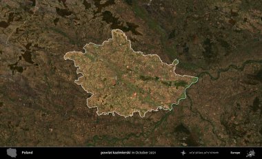 powiat kazimierski. Polonya 'nın idari alanı, Ekim 2021' de çekilen Kopernik Nöbetçi karolarından oluşan koyu renkli bir uydu görüntüsü üzerine vurgulandı ve özetlendi