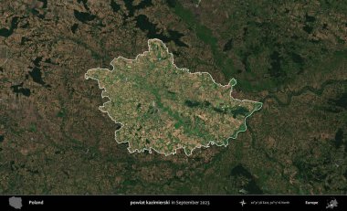 powiat kazimierski. Polonya 'nın idari alanı, Eylül 2023' te çekilen Kopernik Nöbetçi karolarından oluşan koyu renkli bir uydu görüntüsü üzerine vurgulandı ve özetlendi.