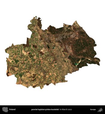 powiat kedzierzynsko-kozielski. Polonya idari bölgesi, Mart 2022 'de çekilen Kopernik Nöbetçi karolarından oluşan bir uydu görüntüsü üzerinde beyaza izole edildi.