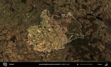 powiat kedzierzynsko-kozielski. Polonya 'nın idari alanı, Mart 2022' de çekilen Kopernik Nöbetçi karolarından oluşan koyu renkli bir uydu görüntüsü üzerine vurgulandı ve özetlendi.