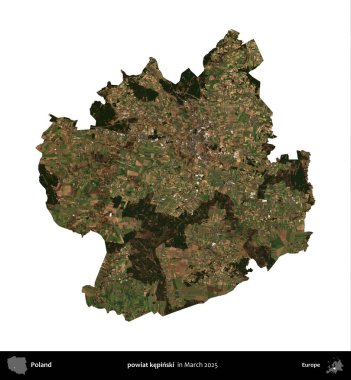 powiat kepinski. Polonya idari bölgesi, Mart 2025 'te çekilen Kopernik Nöbetçi karolarından oluşan bir uydu görüntüsü üzerinde beyaza izole edildi.