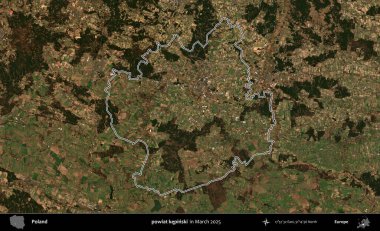 powiat kepinski. Polonya 'nın idari bölgesinin ana hatları, Mart 2025' te çekilen Kopernik Nöbetçi karolarından oluşan bir uydu görüntüsü üzerine çizildi.