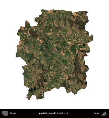 powiat ketrzynski. Polonya idari bölgesi, Nisan 2019 'da çekilen Kopernik Nöbetçi karolarından oluşan bir uydu görüntüsü üzerinde beyaza izole edildi.