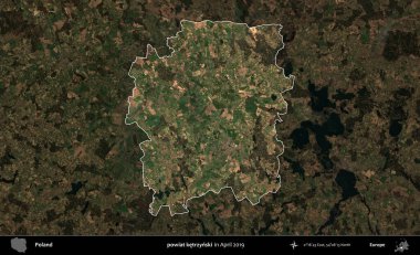 powiat ketrzynski. Polonya 'nın idari alanı, Nisan 2019' da çekilen Kopernik Nöbetçi karolarından oluşan koyu renkli bir uydu görüntüsü üzerine vurgulandı ve özetlendi.