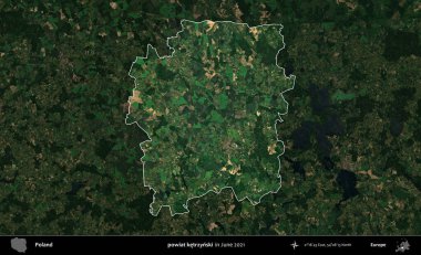 powiat ketrzynski. Polonya 'nın idari alanı, Haziran 2021' de çekilen Kopernik Nöbetçi karolarından oluşan koyu renkli bir uydu görüntüsüyle vurgulandı ve özetlendi