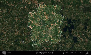 powiat ketrzynski. Polonya 'nın idari alanı, Mayıs 2023' te çekilen Kopernik Nöbetçi karolarından oluşan koyu renkli bir uydu görüntüsü üzerinde vurgulandı ve özetlendi.