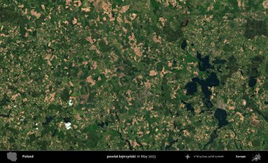 powiat ketrzynski. Copernicus Sentinel 'in Mayıs 2023' te çekilmiş uydu görüntüsü üzerine Polonya 'nın idari bölgesi.