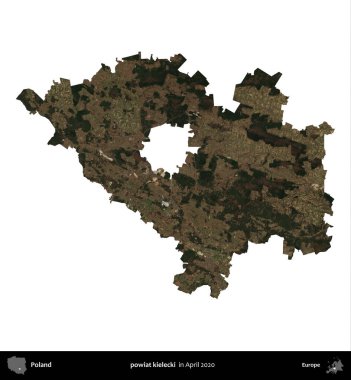 powiat kielecki. Polonya idari bölgesi, Nisan 2020 'de çekilen Kopernik Nöbetçi karolarından oluşan bir uydu görüntüsü üzerinde beyaza izole edildi.