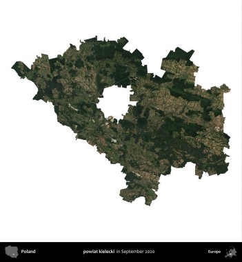powiat kielecki. Polonya idari bölgesi, Eylül 2020 'de çekilen Kopernik Nöbetçi karolarından oluşan bir uydu görüntüsü üzerinde beyaza izole edildi.