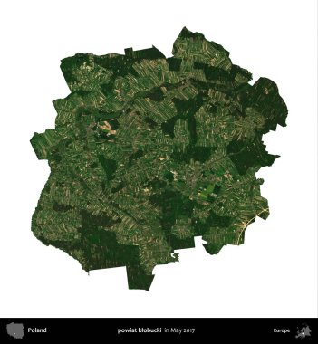 powiat klobucki. Polonya idari bölgesi, Mayıs 2017 'de çekilen Kopernik Nöbetçi karolarından oluşan bir uydu görüntüsü üzerinde beyaza izole edildi.