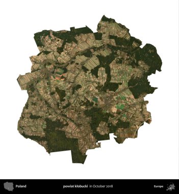 powiat klobucki. Polonya idari bölgesi, Ekim 2018 'de çekilen Kopernik Nöbetçi karolarından oluşan bir uydu görüntüsü üzerinde beyaza izole edildi.