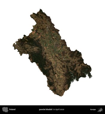 powiat klodzki. Polonya idari bölgesi, Nisan 2020 'de çekilen Kopernik Nöbetçi karolarından oluşan bir uydu görüntüsü üzerinde beyaza izole edildi.