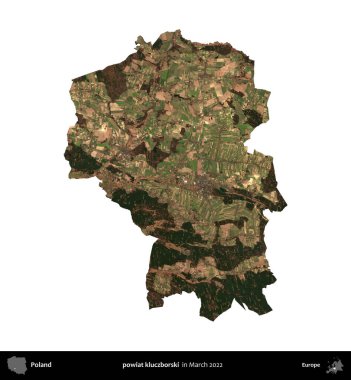 powiat kluczborski. Polonya idari bölgesi, Mart 2022 'de çekilen Kopernik Nöbetçi karolarından oluşan bir uydu görüntüsü üzerinde beyaza izole edildi.
