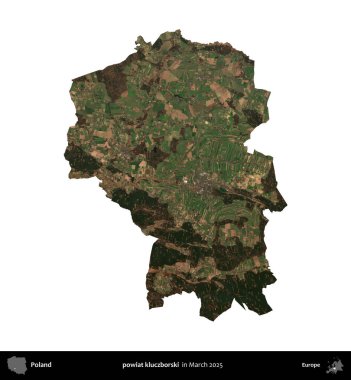 powiat kluczborski. Polonya idari bölgesi, Mart 2025 'te çekilen Kopernik Nöbetçi karolarından oluşan bir uydu görüntüsü üzerinde beyaza izole edildi.