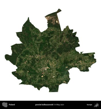 powiat kolbuszowski. Polonya idari bölgesi, Mayıs 2021 'de çekilen Kopernik Nöbetçi Karolarından oluşan bir uydu görüntüsü üzerinde beyaza izole edildi.