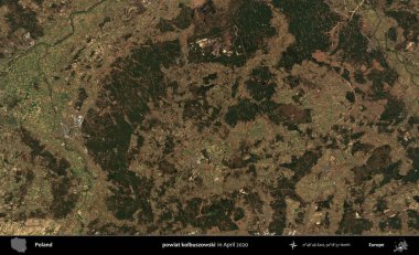 powiat kolbuszowski. Nisan 2020 'de Copernicus Sentinel karolarından oluşan bir uydu görüntüsü üzerine Polonya' nın idari bölgesi