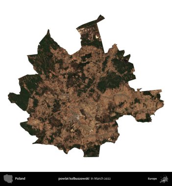powiat kolbuszowski. Polonya idari bölgesi, Mart 2022 'de çekilen Kopernik Nöbetçi karolarından oluşan bir uydu görüntüsü üzerinde beyaza izole edildi.